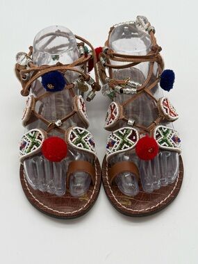Sam Edelman Brown Lace-Up Sandals with Red & Blue Pom Poms
